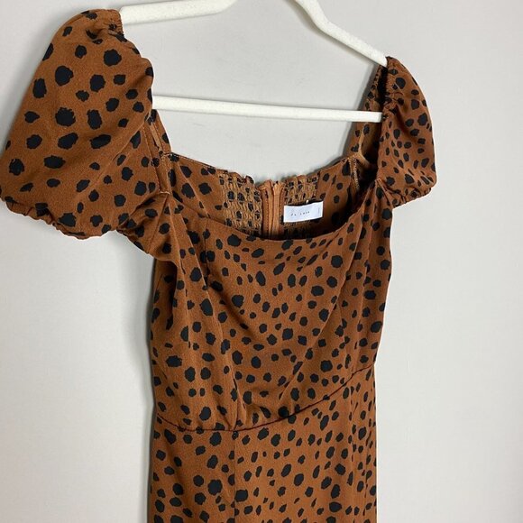 JL Luxe Kourt Cheetah Animal Print Midi Dress Womens 4 Brown Square Neck Smocked - Picture 2 of 9